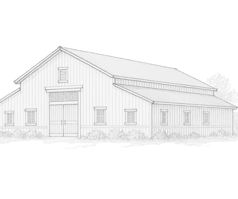 Line drawing of a barn with a pitched roof, large sliding doors, and smaller windows.
