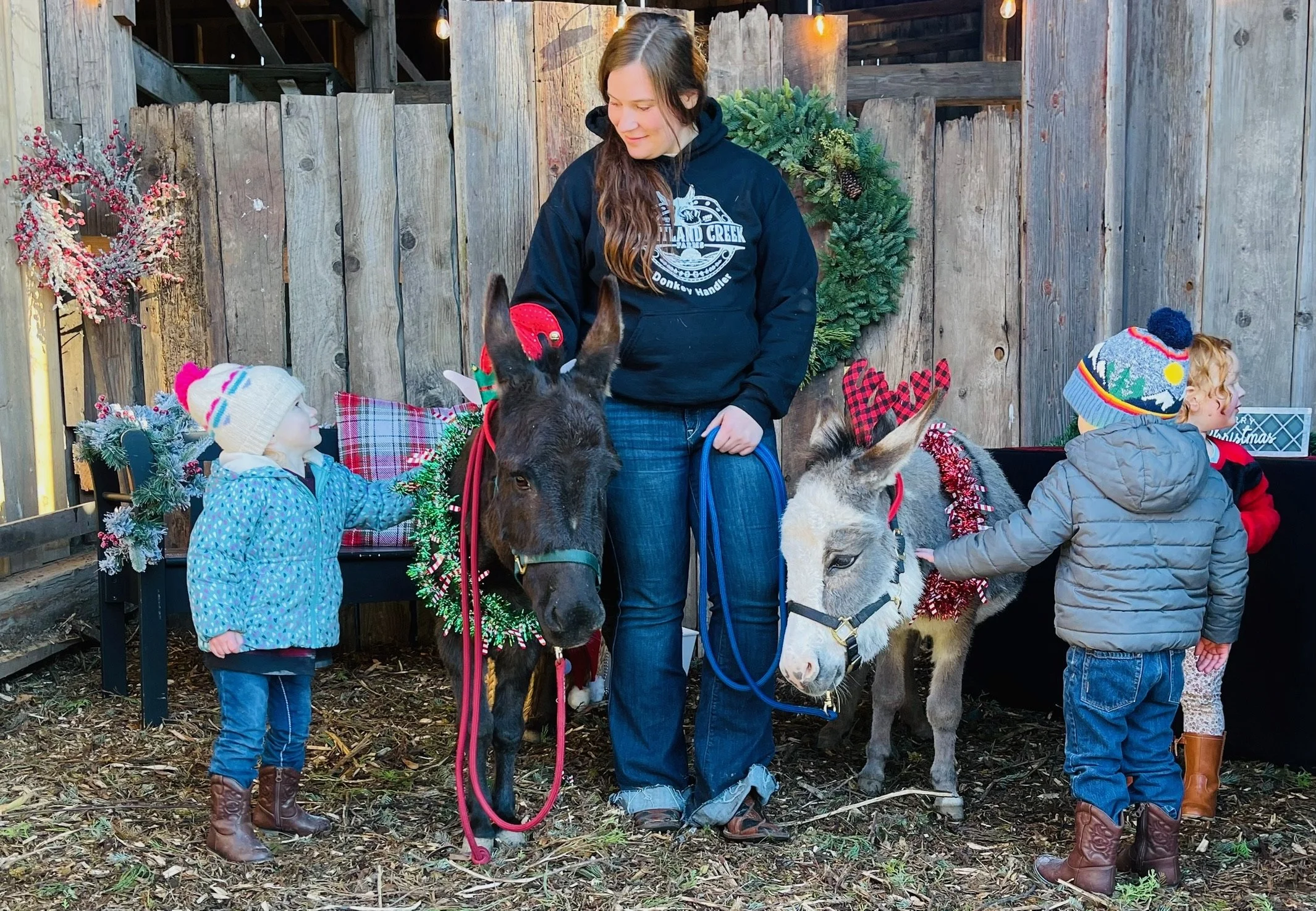 A woman standing between two children, each petting a small donkey decorated with holiday garlands, in a festive outdoor setting with a wooden fence and holiday wreaths.