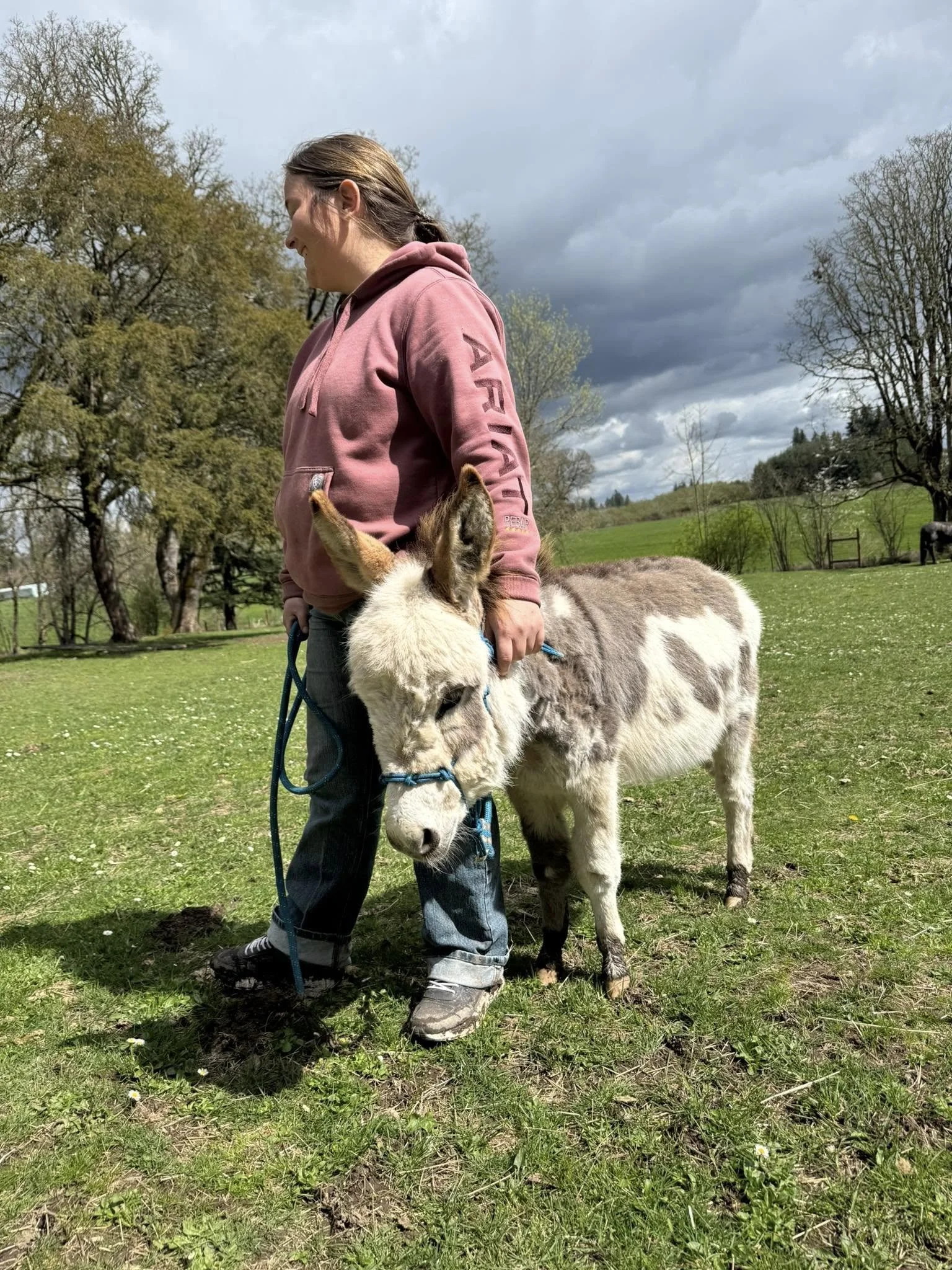 A woman standing outside with a young donkey, surrounded by a grassy field with trees and cloudy sky in the background.