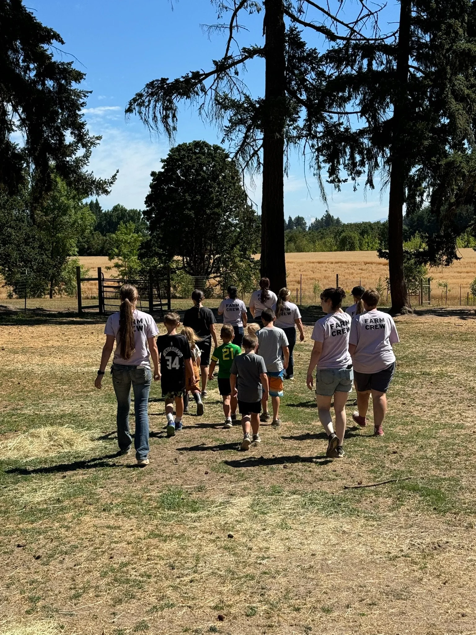 Group of children and adults walking on a dirt path through a grassy outdoor area with trees and open fields under a blue sky.