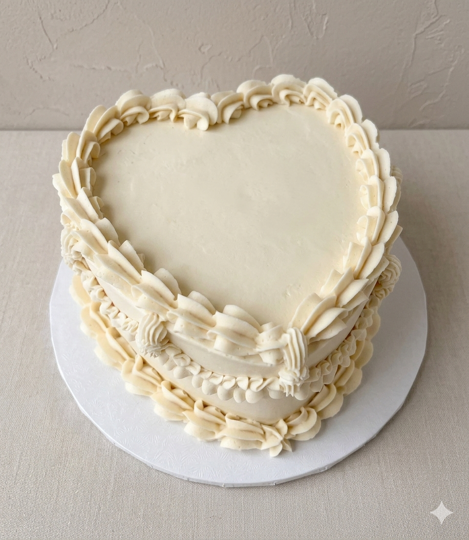 Heart-shaped wedding cake with white icing and piped decorative borders on a white cake board.