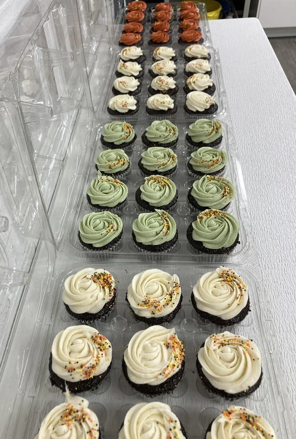 Tray of decorated cupcakes with white, green, and pink frosting, topped with colorful sprinkles.