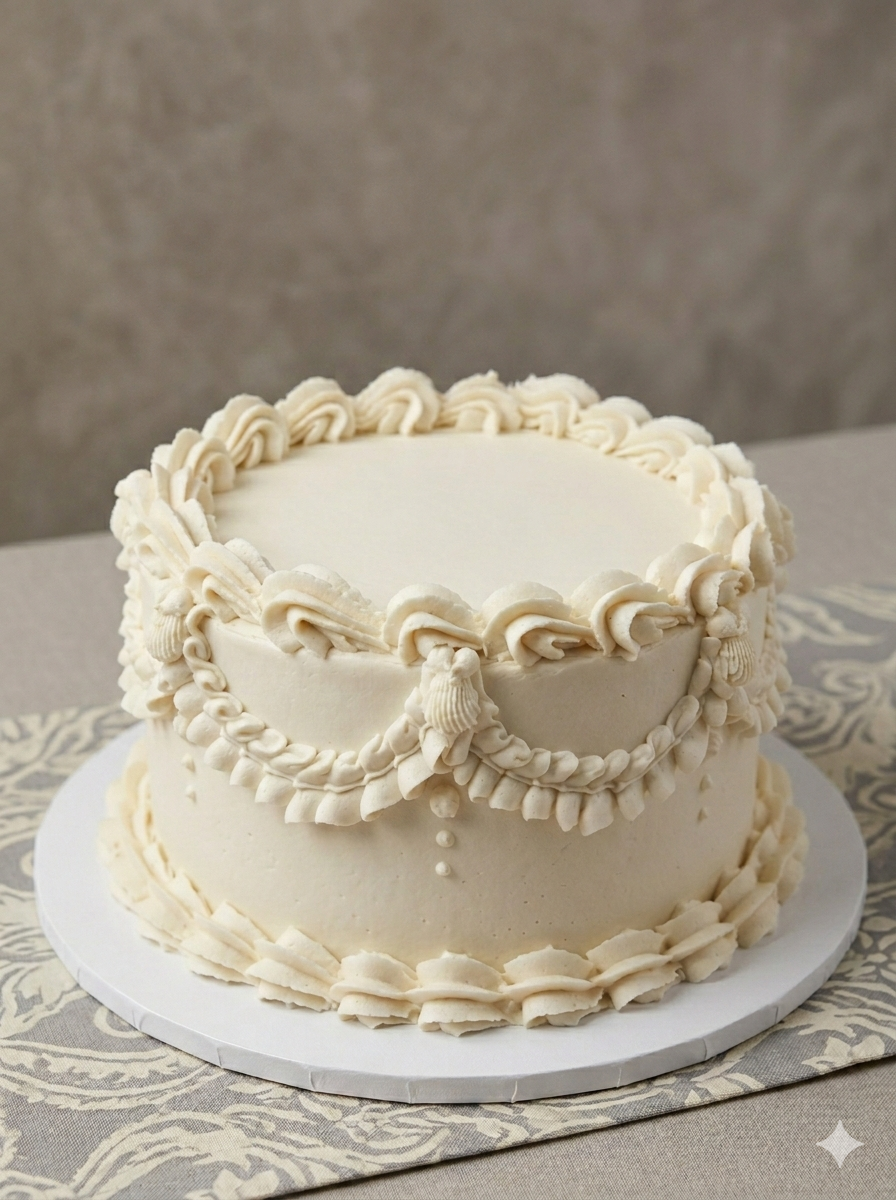 Two-tiered white wedding cake with decorative piping and shell accents, placed on a white cake board on a patterned tablecloth.