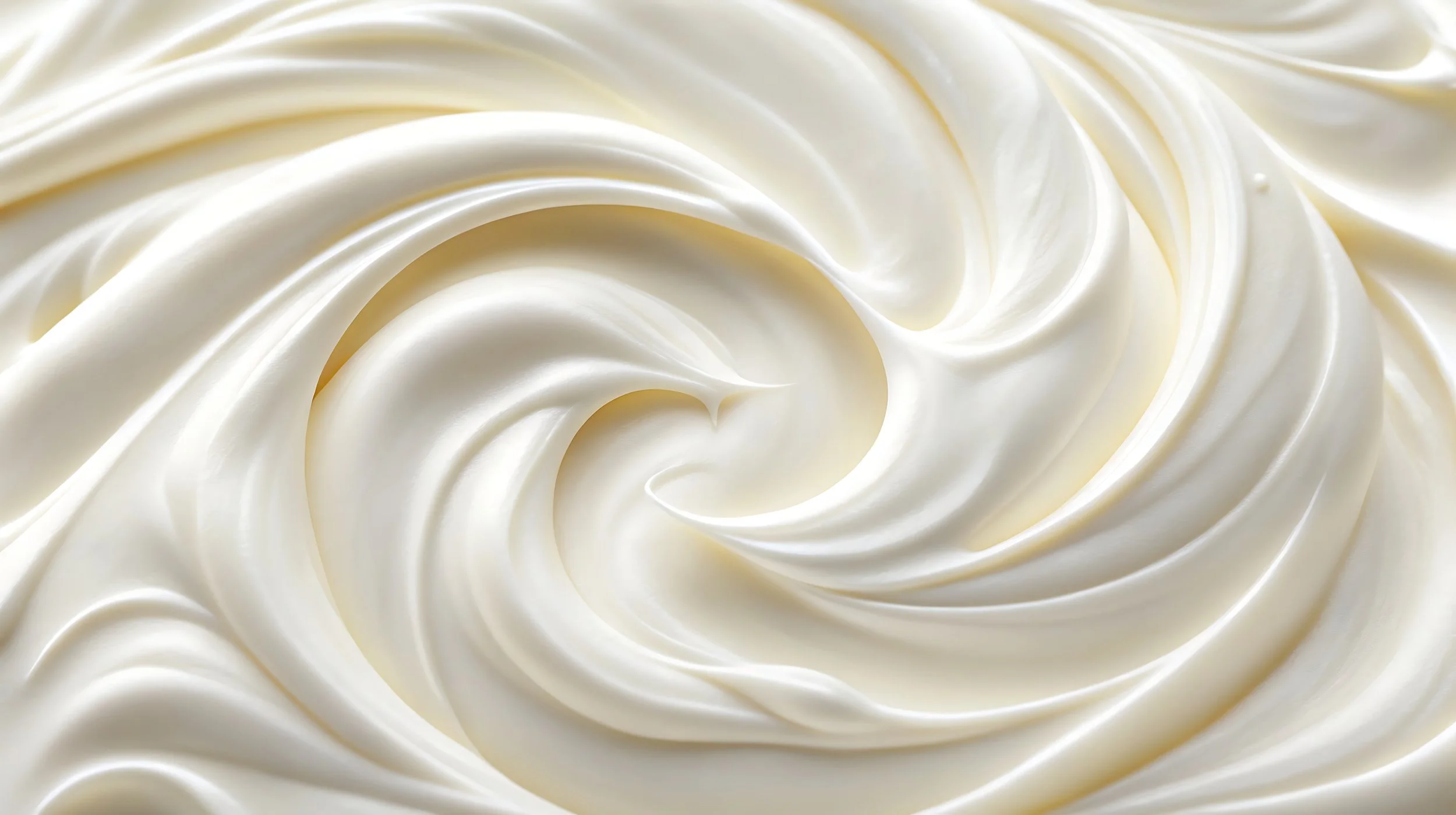Close-up view of swirled creamy white frosting or whipped cream.