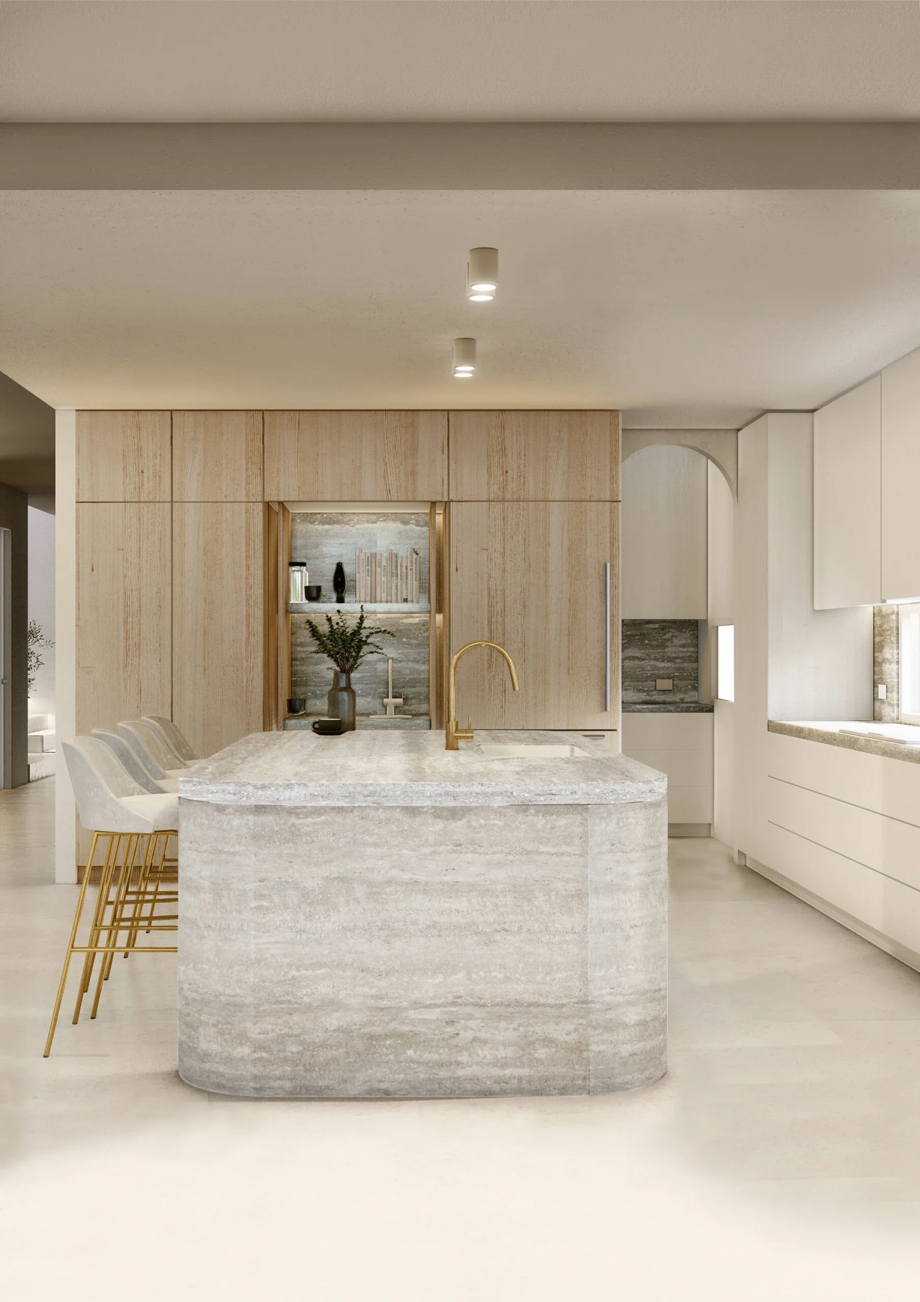 Modern kitchen with light wood and white cabinetry, beige stone island with gold faucet, and bar stools with gold legs, designed by Studio Gaxa