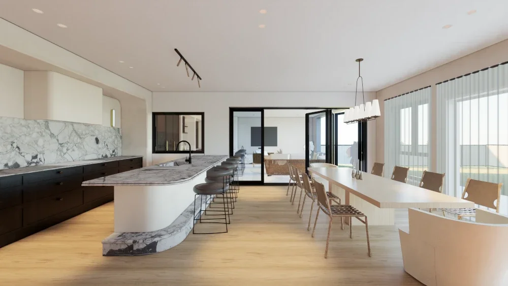 Modern open-concept kitchen and dining area with marble countertops, black cabinets, a long dining table with chairs, and large windows with sheer curtains.