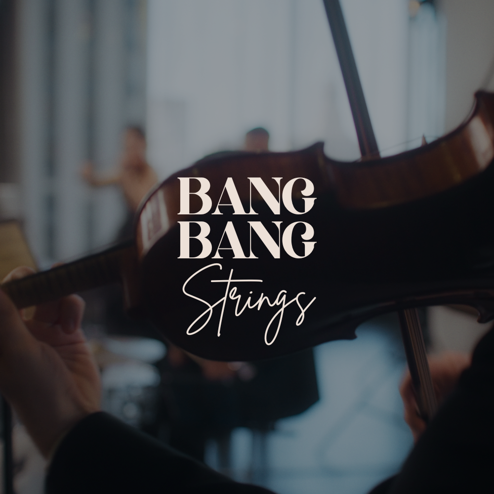 Close-up of a violin being played, with blurred background of a person and a window, and the text 'BANG BANG Strings' overlaid.