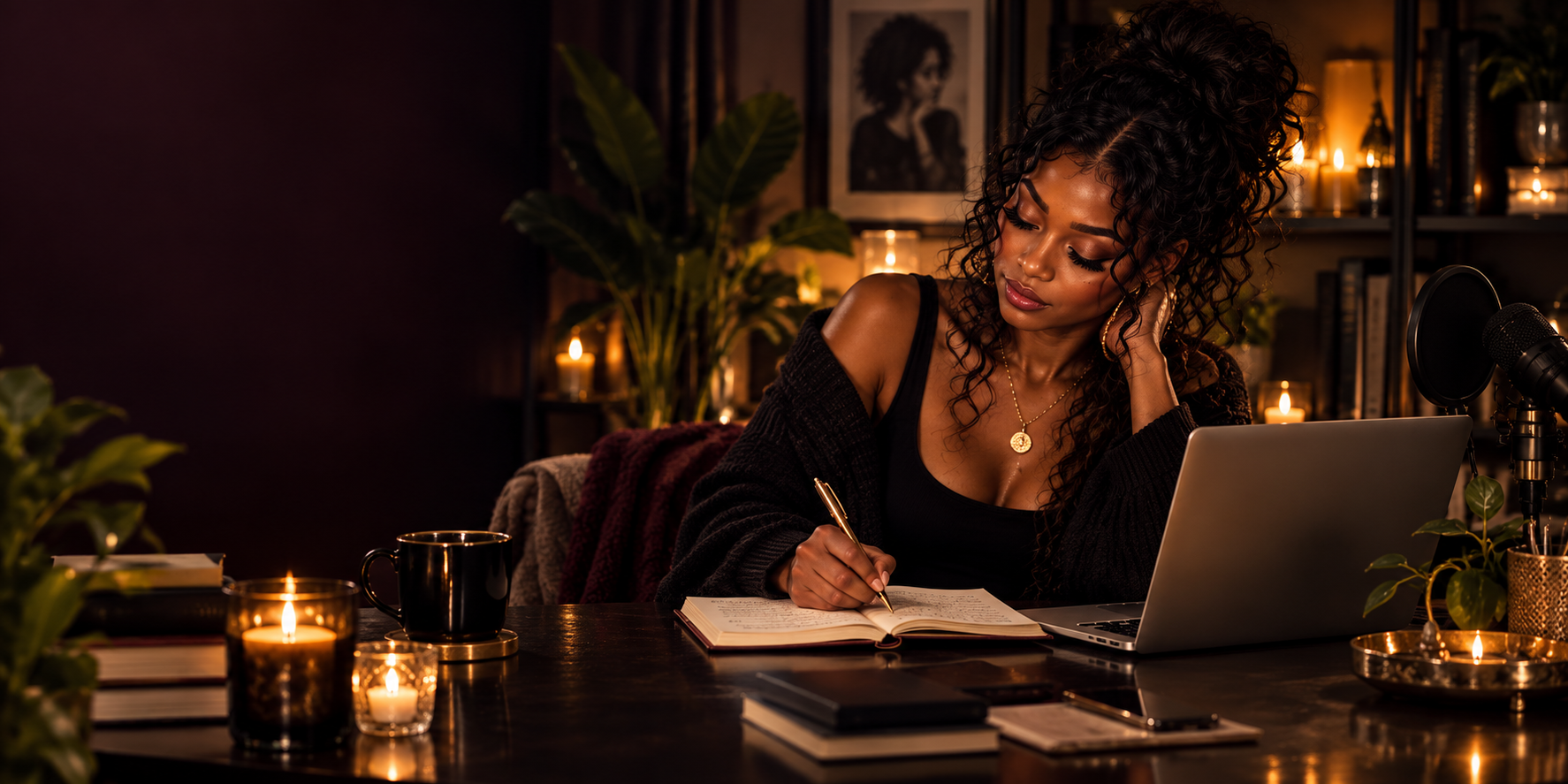 Black woman journaling at a candlelit desk for Vox Sanctum