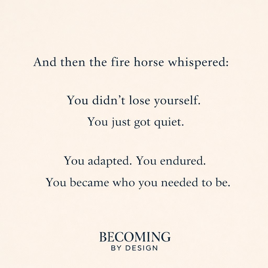 The fire horse isn&rsquo;t chaos.
It&rsquo;s courage asking you to come back to yourself.

Growth isn&rsquo;t about becoming louder &mdash; it&rsquo;s about becoming truer. 🌿

Save this for when you feel yourself rising.

#BecomingByDesign
#Personal
