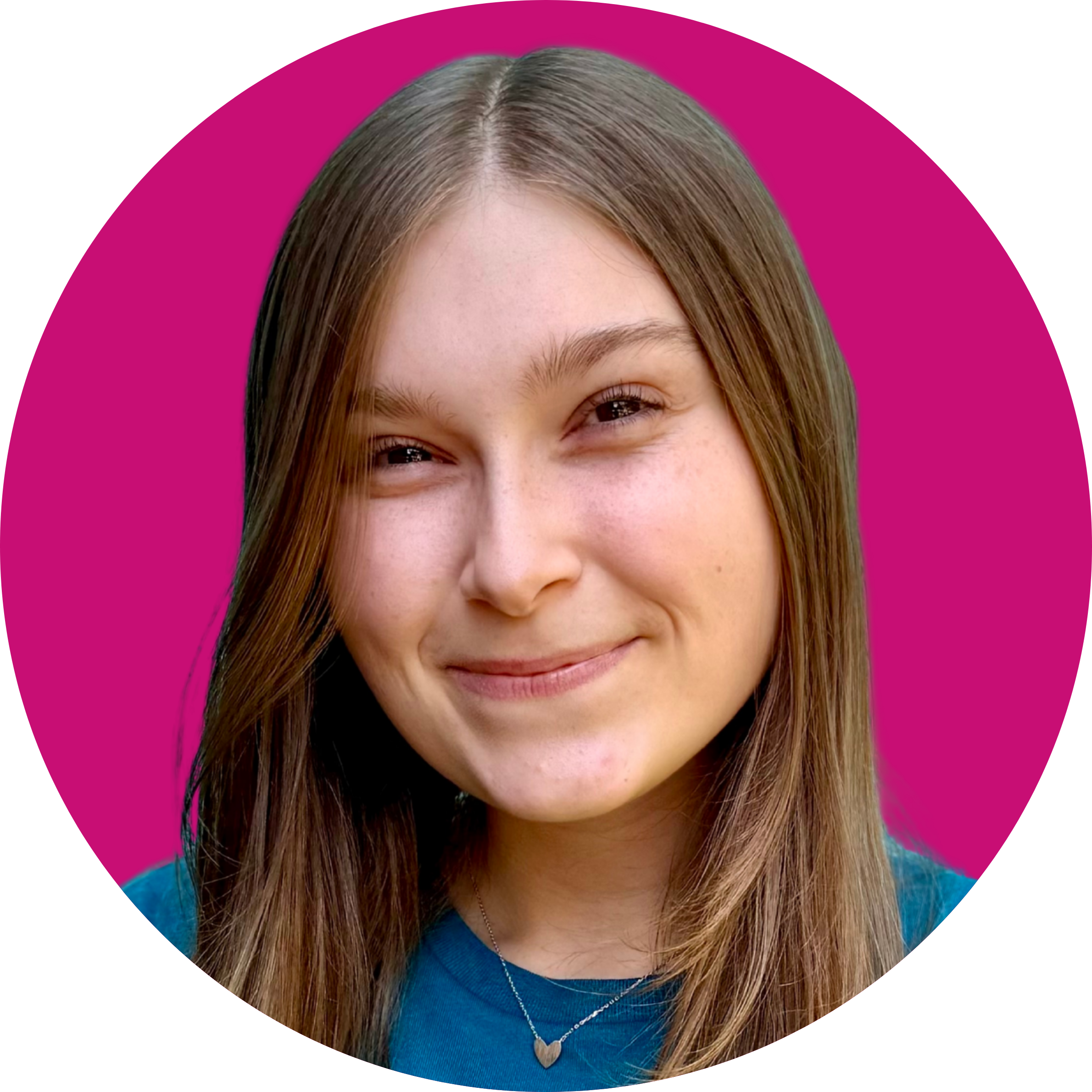 Close-up of a young woman with light brown hair and a gentle smile, against a magenta background.