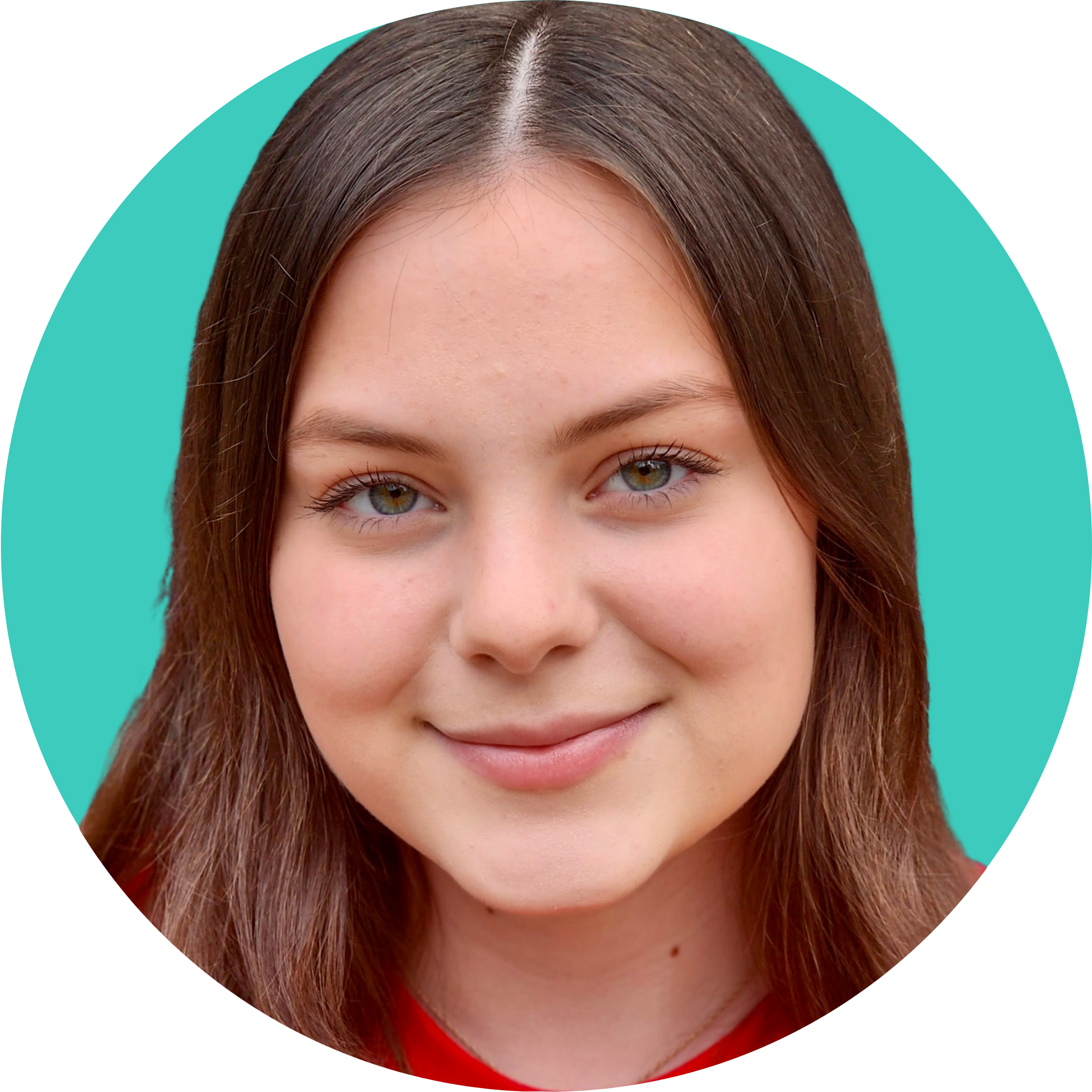 Close-up of a young woman with long brown hair, light skin, and hazel eyes, smiling against a teal background.