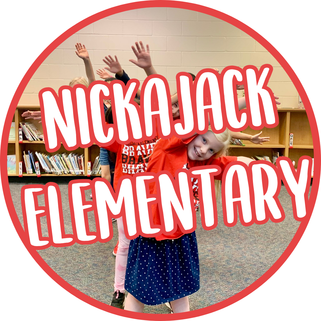 Children in a library with bookshelves in the background, holding their arms up and smiling, with text overlay reading "Nickajack Elementary" in large red and white letters.