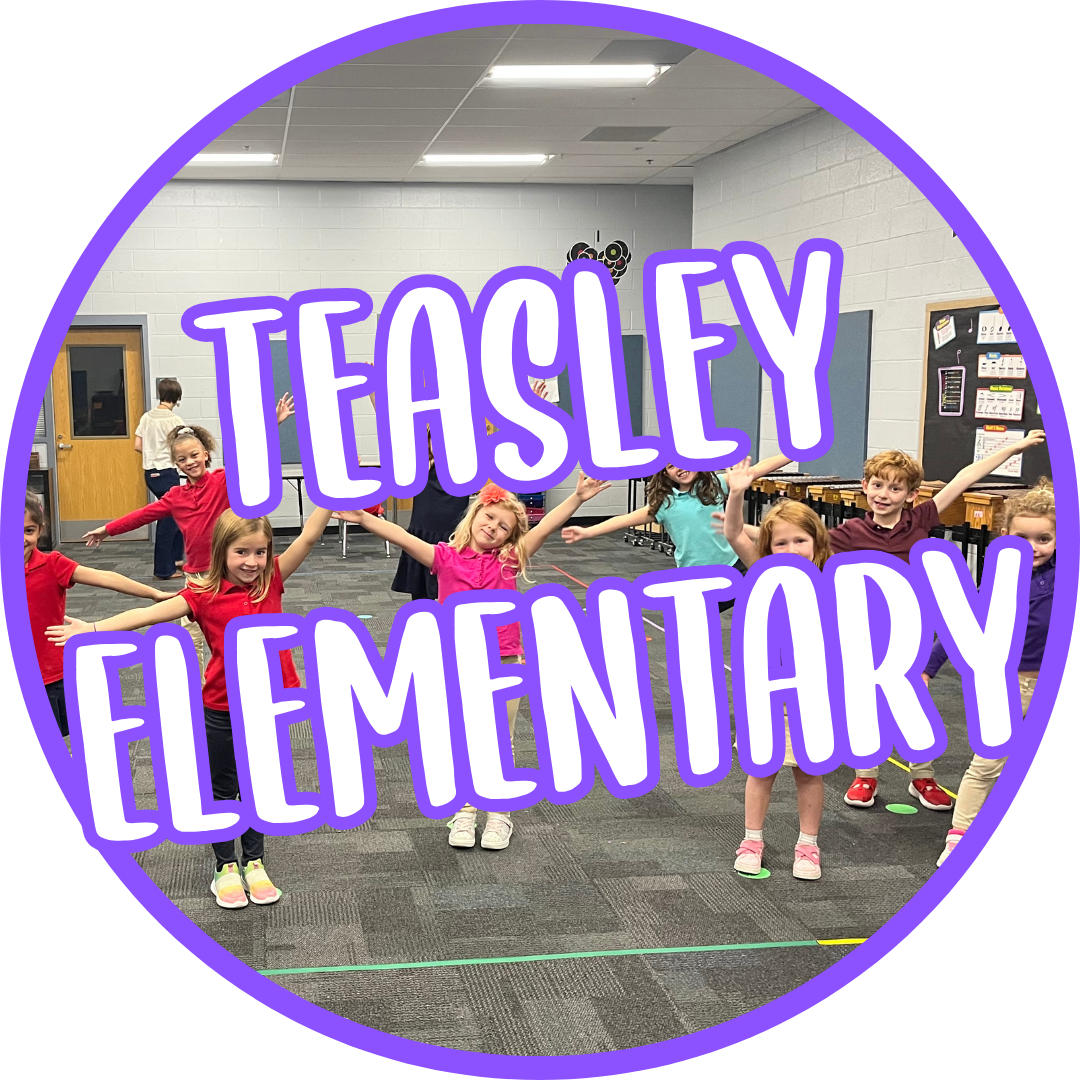 Group of elementary school children dancing in classroom with colorful text overlay reading "Teasley Elementary."