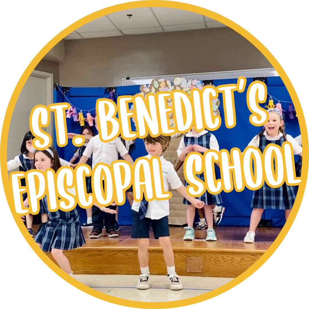 Children on stage during a school performance at St. Benedict's Episcopal School, with colorful decorations in the background.