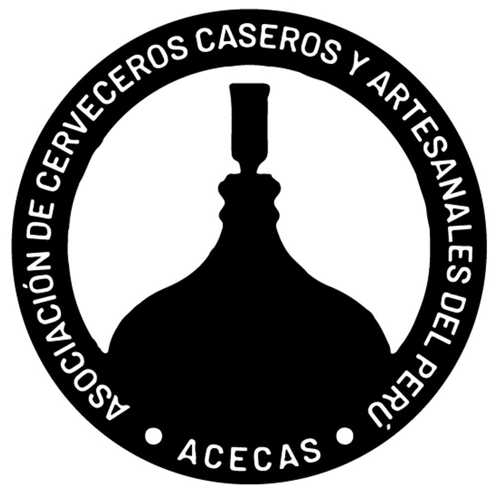 Logotipo en blanco y negro del Asociación de Cerveceros Caseros y Artesanales del Perú, con una silueta de una botella en el centro y texto en círculo alrededor.