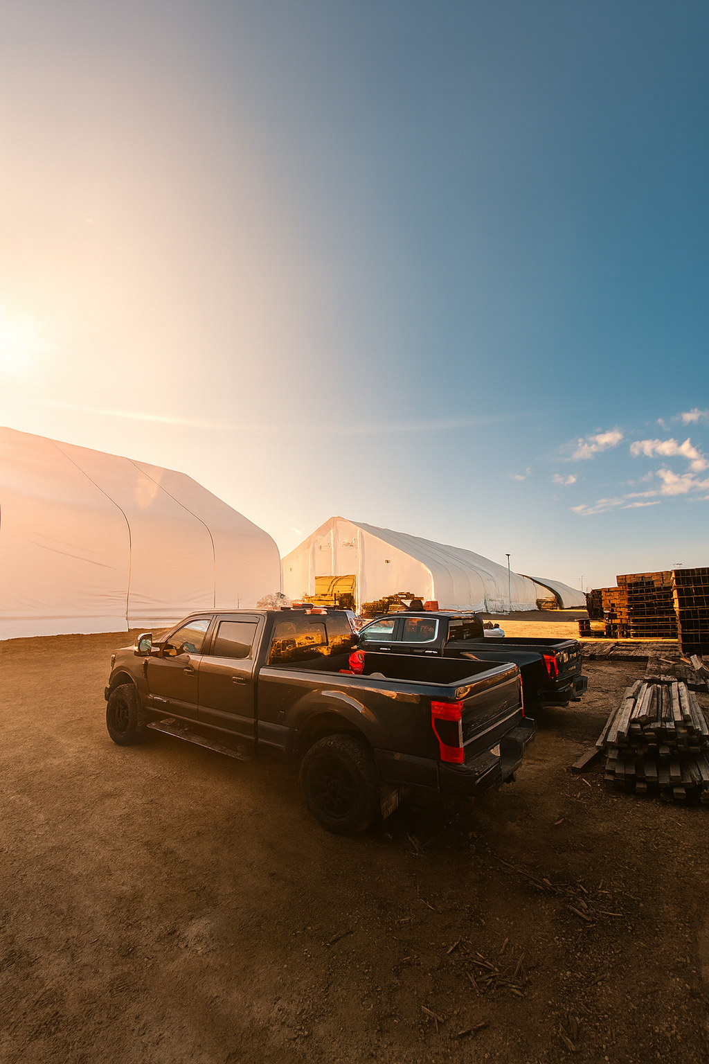 Two black pickup trucks parked on dirt ground near large white greenhouses with wood pallets stacked nearby under a clear blue sky.