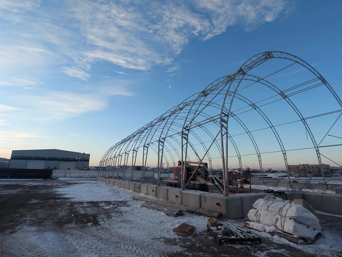 Steel frame is up and locked in.
Next step after the Christmas break: fabric installation and doors to close it in.

Another large-scale structure built to handle Western Canada conditions &mdash; strong steel, engineered connections, and clean execu