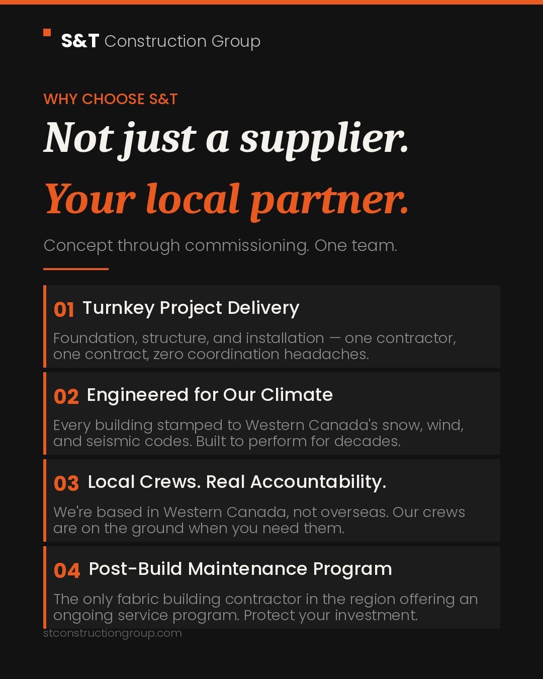 At S&amp;T Construction Group, we&rsquo;re not just supplying buildings &mdash;
we deliver complete turnkey solutions from concept to commissioning.

✔ Foundations
✔ Engineered fabric structures
✔ Installation
✔ Ongoing service &amp; maintenance

Bui