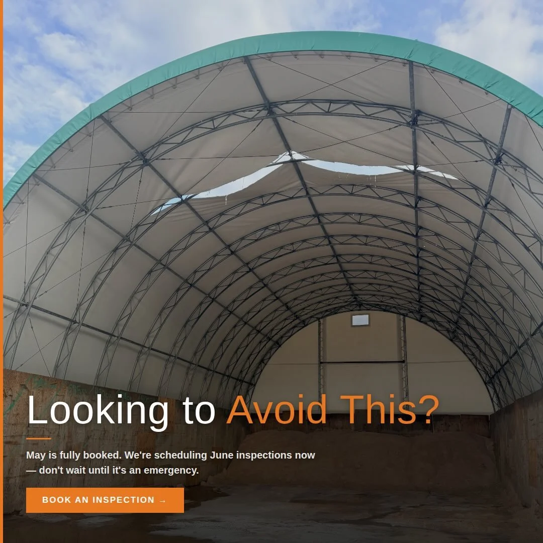That tear didn&rsquo;t happen overnight.
This is the inside of a salt storage fabric building &mdash; and that hole? Completely preventable.
Most failures start small. A stress point, a loose fastener, UV wear along a seam. Without regular eyes on it