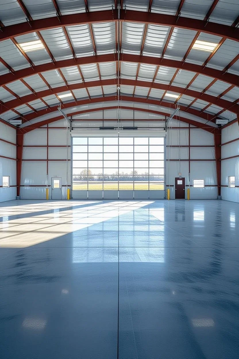 Interior of an empty industrial warehouse or airplane hangar with a large garage door, polished floor reflecting sunlight, and small windows along the sides.