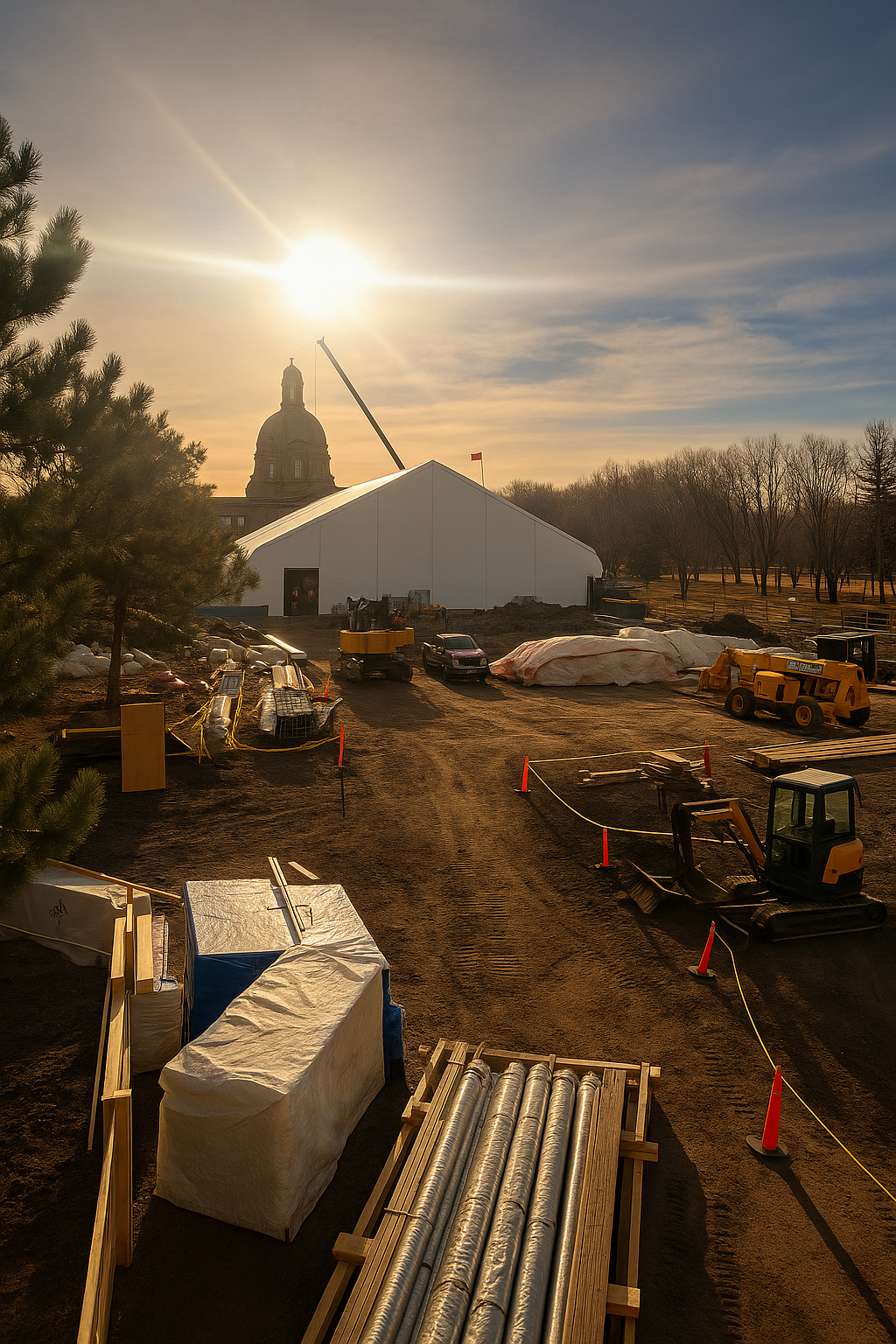 Construction site with machinery, materials, and a large white tent, with a building with a cupola and trees in the background, under a setting sun.