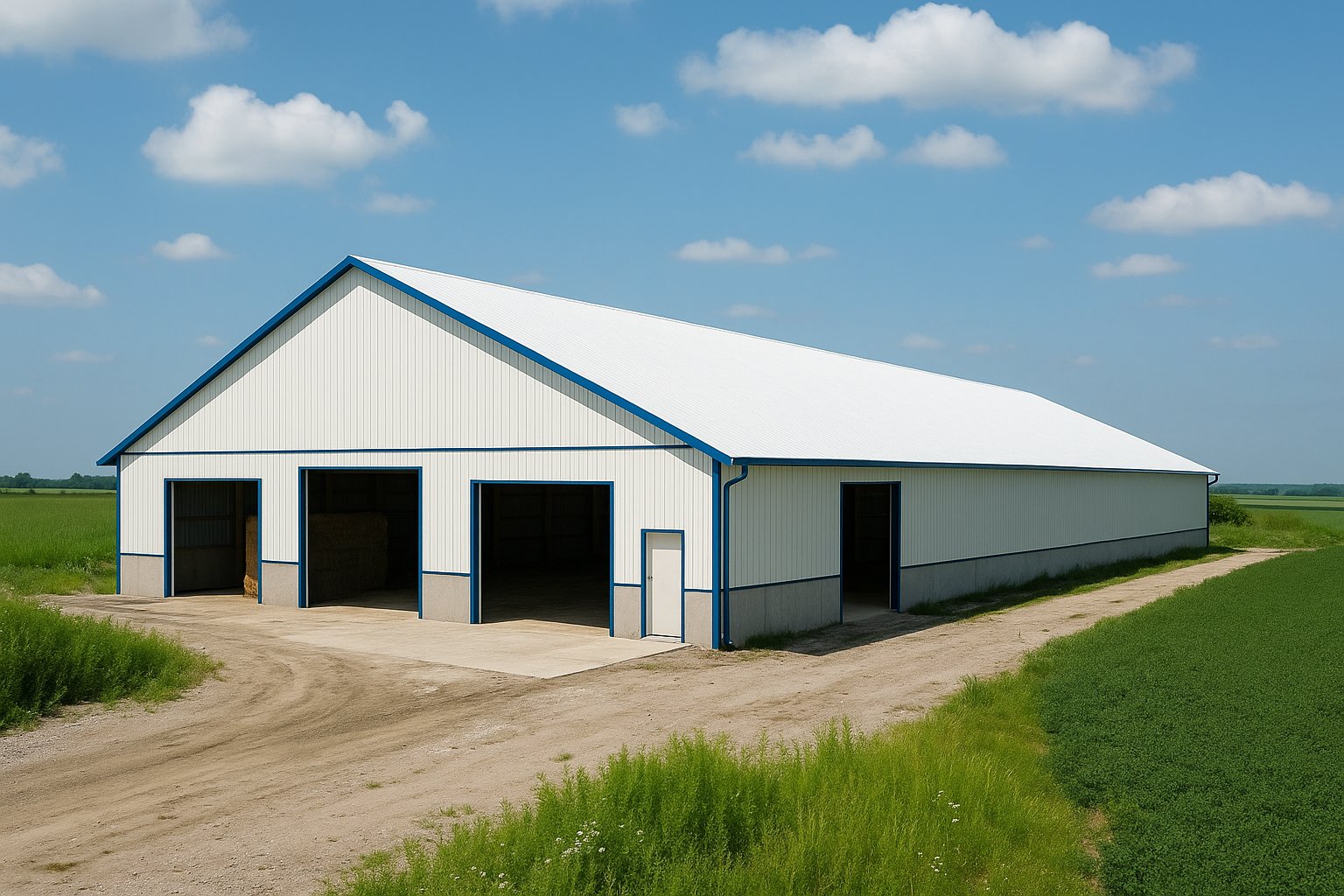 Large white metal barn with blue trim, three large open doors, and a smaller door, surrounded by green fields and a dirt path under a partly cloudy sky.