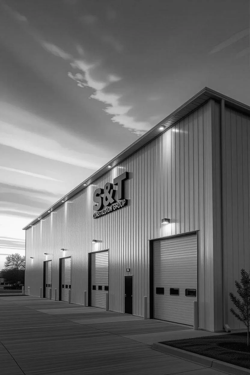 Exterior view of a modern industrial building with a metal facade, four garage doors, a door in the middle, and the sign 'S&J Construction Group' on the front. The scene is captured at dusk or early evening with a cloudy sky.