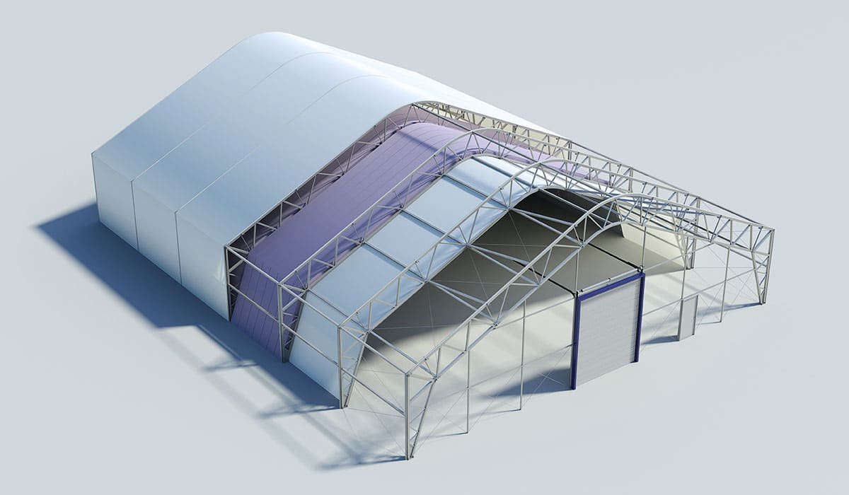 3D rendering of a large industrial or storage pavilion with a metal frame and fabric or plastic covering, featuring an open section with a roller door and a curved roof design.