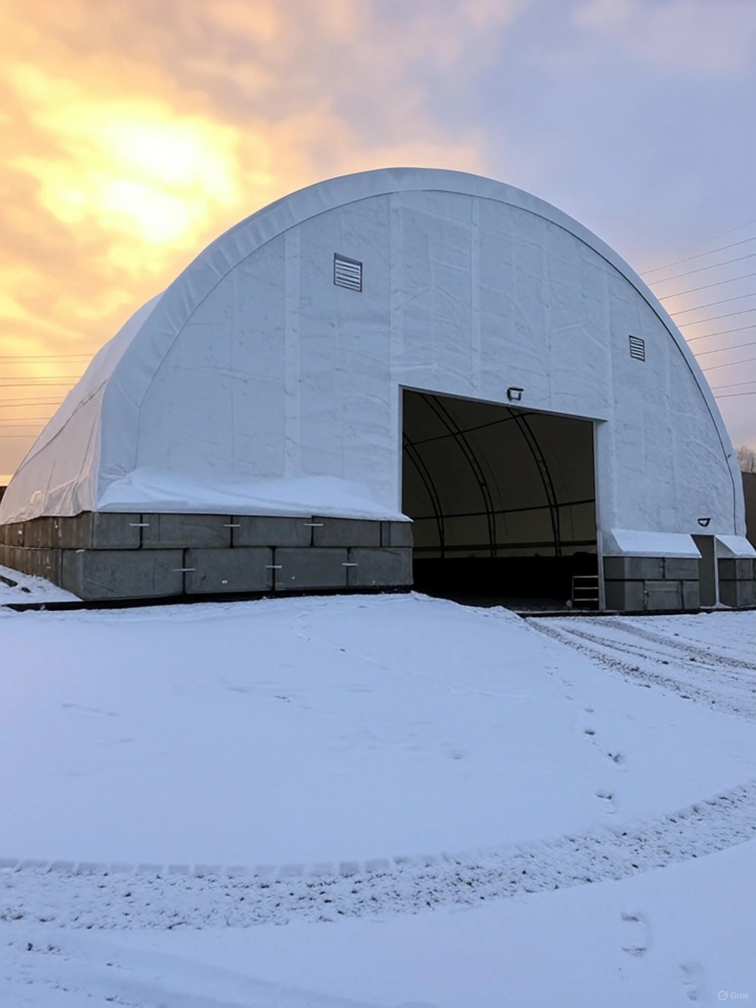 A large white fabric-covered industrial building or storage dome with a wide open entrance, snow on the ground, and a colorful sky at sunset or sunrise.