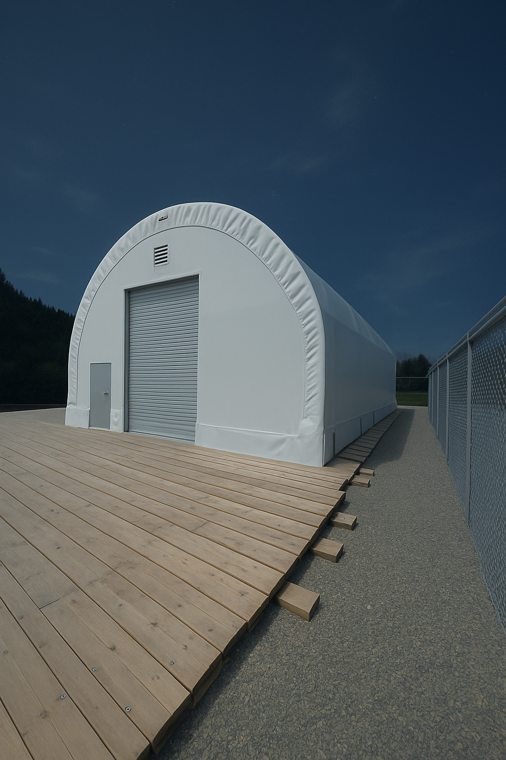 A white modern Quonset hut with a closed metal roll-up door, small access door, and vent, situated on a wooden platform next to a chain-link fence under a clear night sky.
