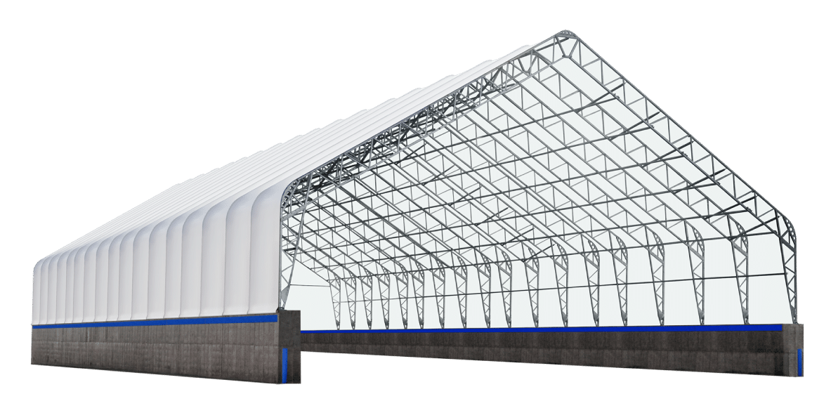Render of a large, partially enclosed industrial warehouse or storage facility with a metal frame structure and insulated white roofing, with open sides revealing an interior with steel beams and support columns.