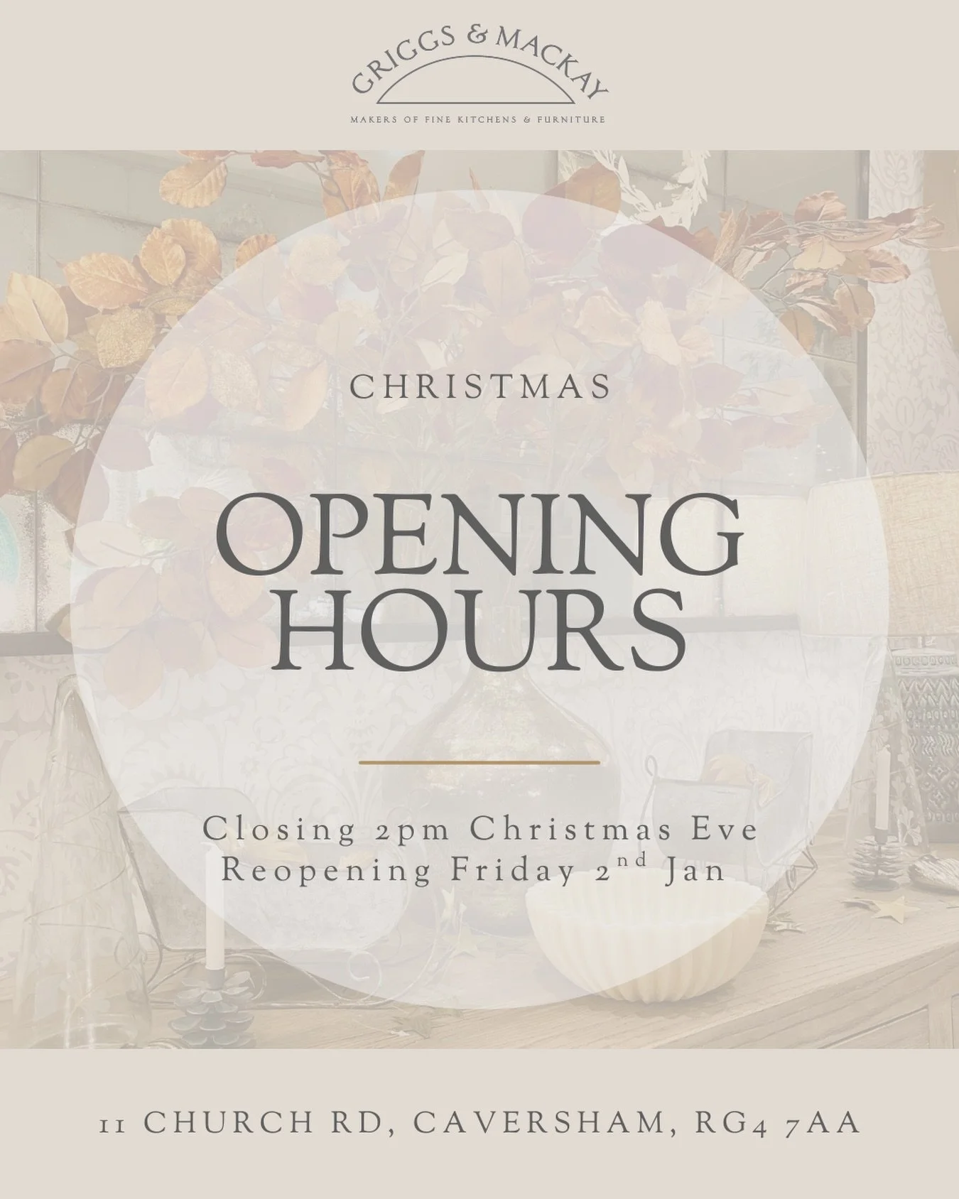 ✨ Christmas opening hours ✨

🌟Closing 2pm Christmas Eve
❄️Reopening Friday 2nd Jan

Thursday 18th: 10am-4pm
Friday 19th: 10am-5pm
Saturday 20th: 10am-5pm
Tuesday 23rd: 10am-5pm
Wednesday 24th: 10am-2pm

#griggsandmackay #christmasshopping #christmas