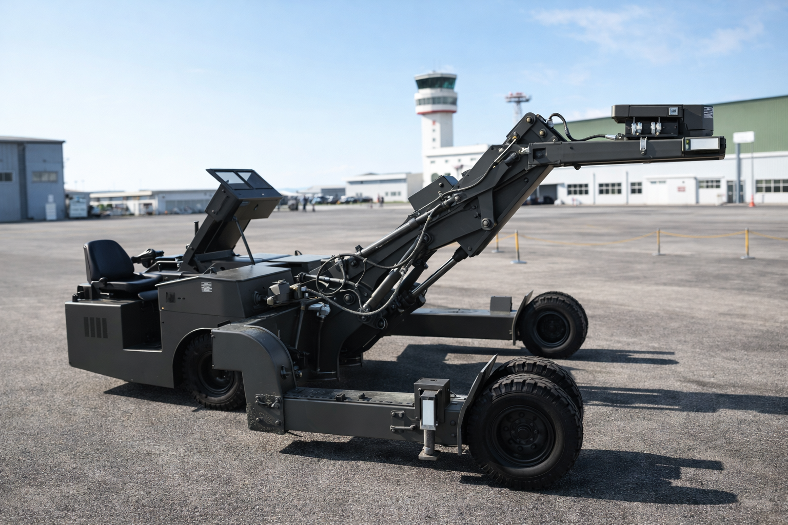 Military ground support vehicle at an airport tarmac with control tower in the background.