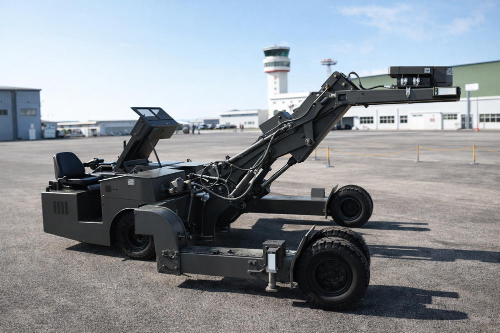 Military ground support vehicle at an airport tarmac with control tower in the background.