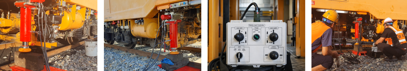 Workers in safety gear inspecting and working on train tracks and machinery, with equipment and tools around