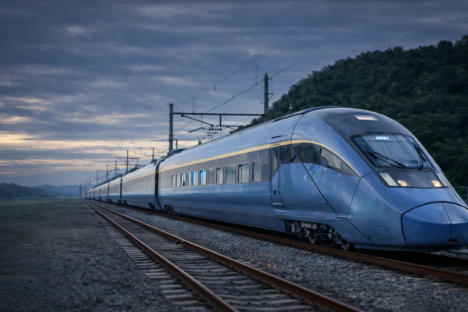 A modern blue high-speed train on railway tracks surrounded by overhead electric wires and green trees.