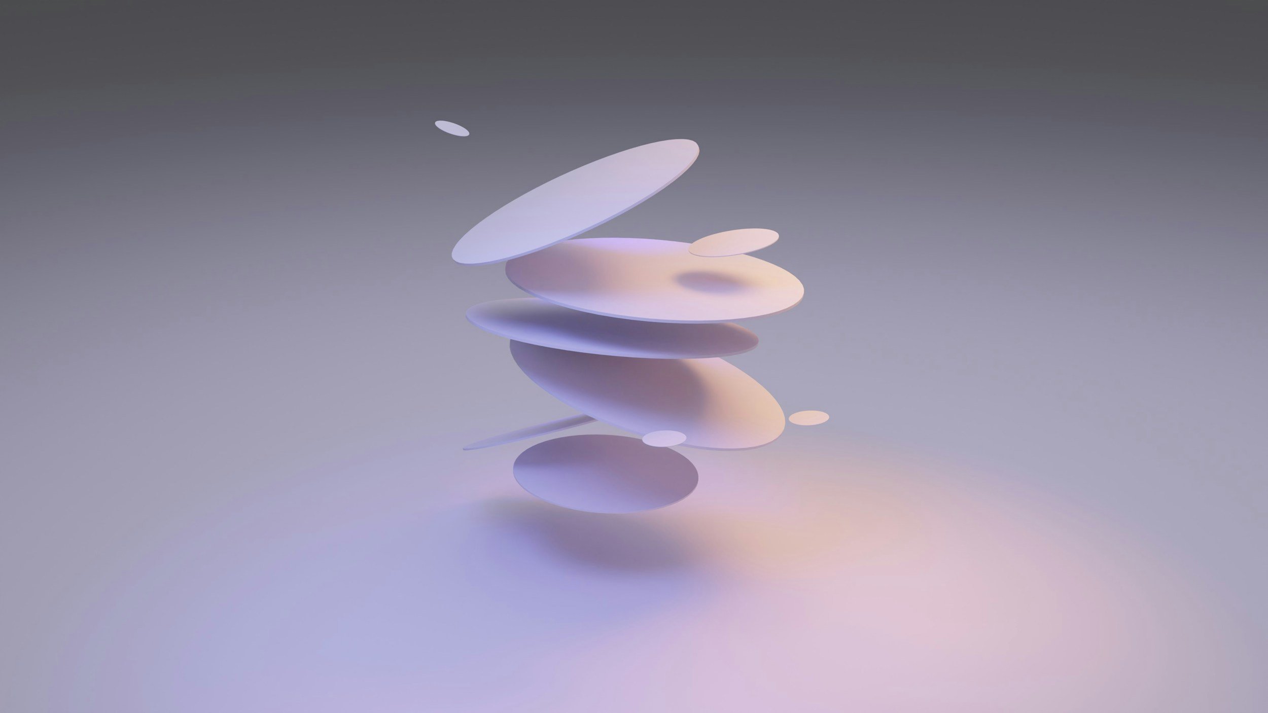 Abstract 3D sculpture made of floating oval shapes in pastel colors with soft lighting and shadows.