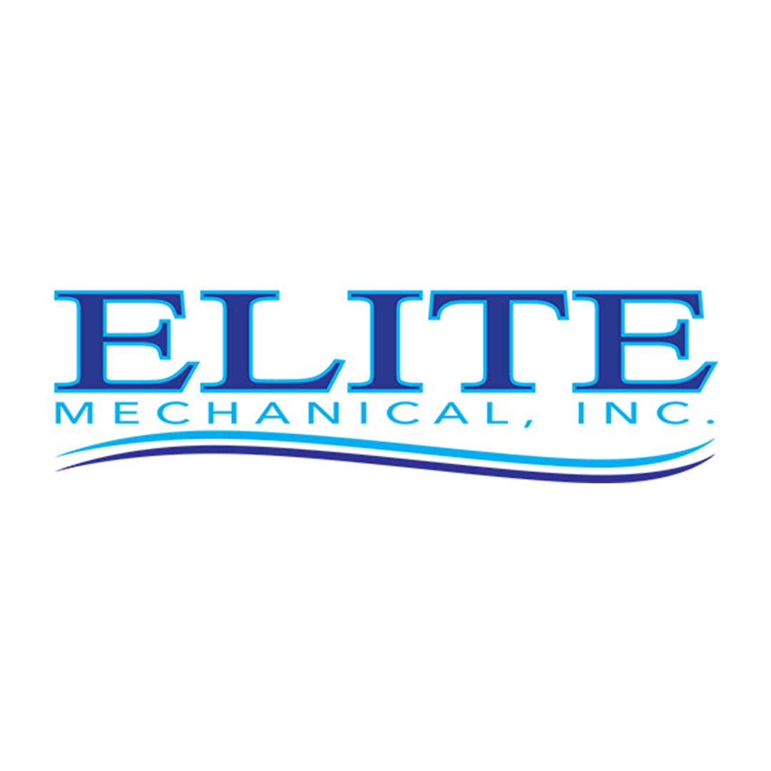 Logo for Elite Mechanical Inc. with stylized blue text and wave elements underneath.