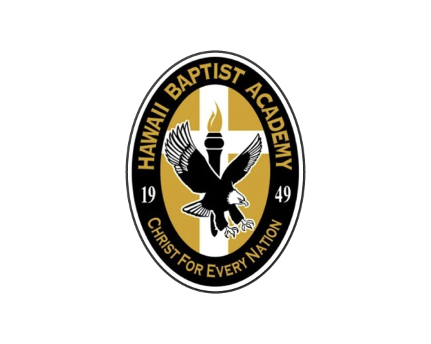 Hawaii Baptist Academy logo with a black eagle, torch, and cross, surrounded by the text 'Hawaii Baptist Academy 1949 Christ for Every Nation' in black and gold.