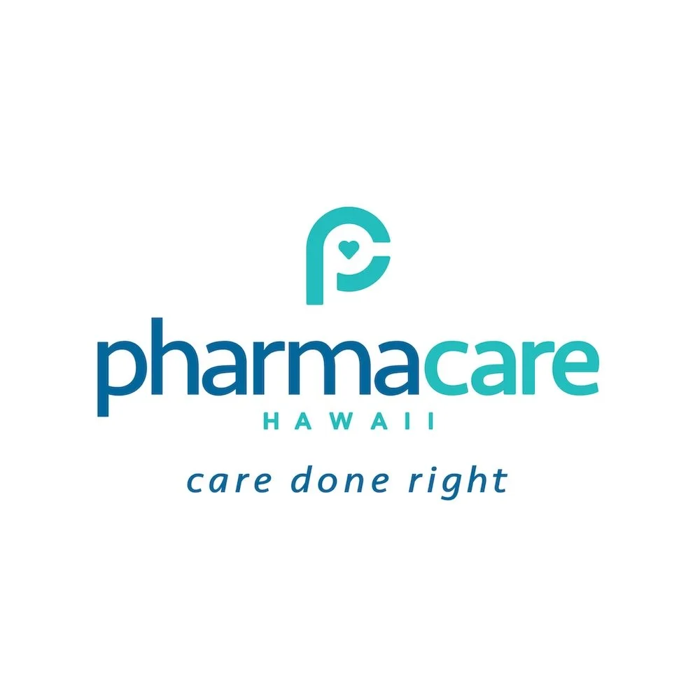 Logo for Pharmcare Hawaii featuring a stylized 'P' with a heart inside and the slogan 'care done right.'