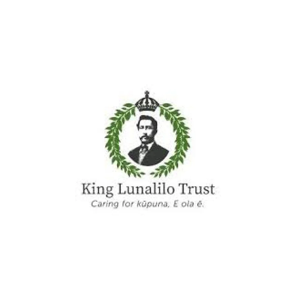 Logo for King Lunalilo Trust featuring a portrait of King Lunalilo wearing a crown, surrounded by a green laurel wreath, with text below that reads "King Lunalilo Trust" and "Caring for kupuna. E ola e."