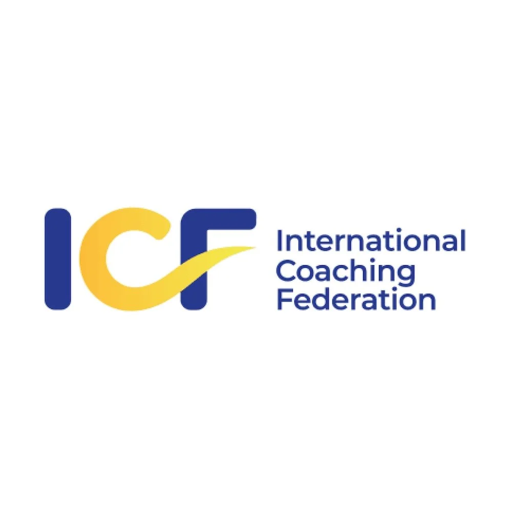 Logo of the International Coaching Federation, featuring the acronym ICF in blue and yellow, with the full name written to the right.