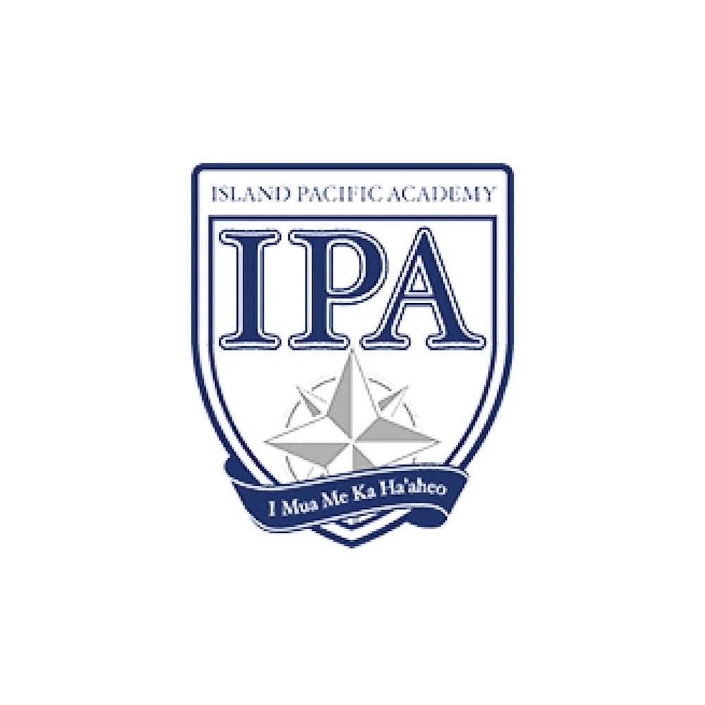 Logo of Island Pacific Academy with the initials IPA, a compass rose, and a banner with the Hawaiian phrase 'I Mua Ae Ka Ha'aha'a'.