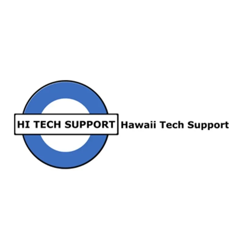 Logo for HI TECH SUPPORT featuring a blue circle with a white center, with text "HI TECH SUPPORT" inside a rectangle across the circle, and "Hawaii Tech Support" to the right of the circle.