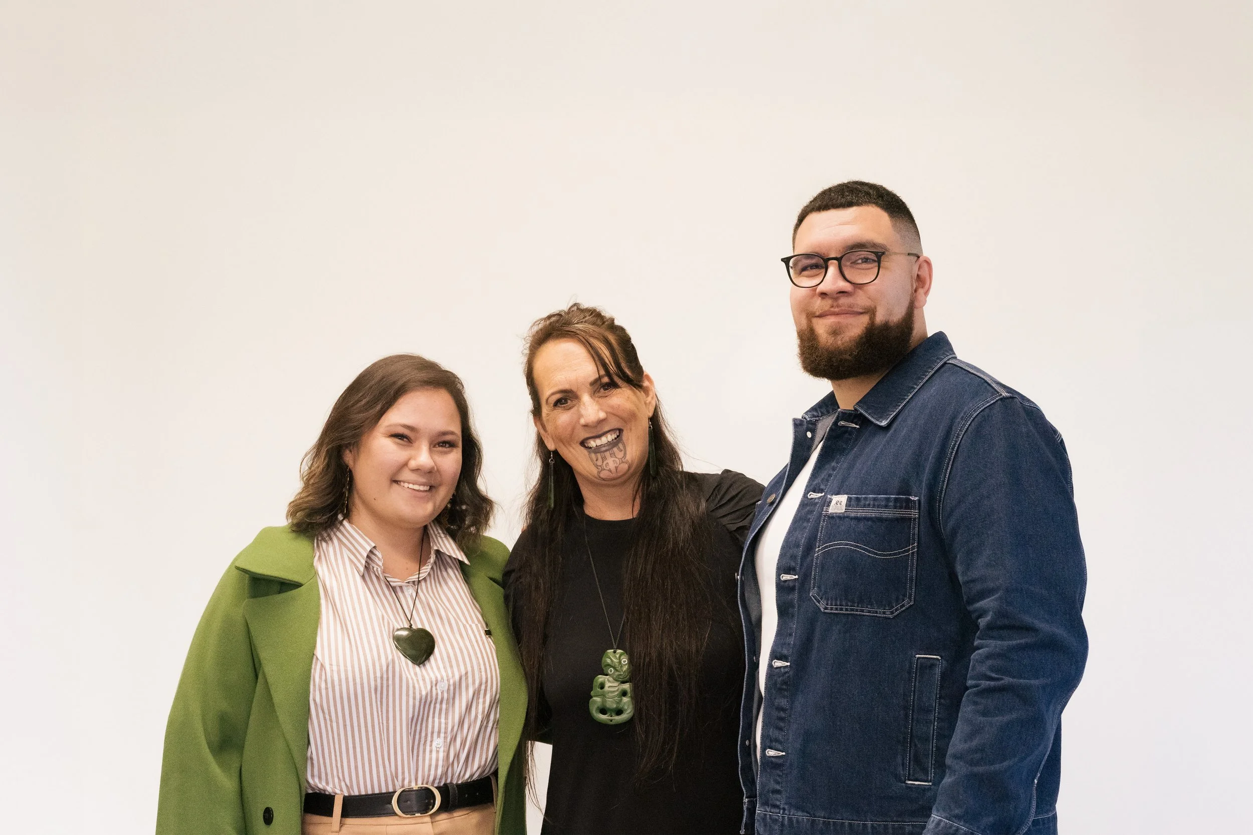 Group photo of the AWE team. From right to left: Jacob McGregor (Director), Nicky Birch (Associate Director), and Aroha Gell (Senior Strategist).