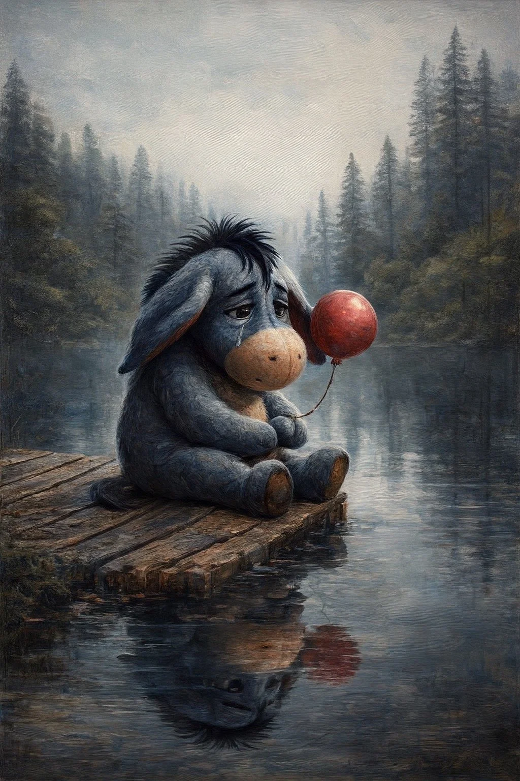 A painted illustration of a sad, anthropomorphic donkey plush toy sitting on a wooden dock by a lake, holding a red balloon, with teary eyes and a sorrowful expression, surrounded by tall pine trees in a misty forest.