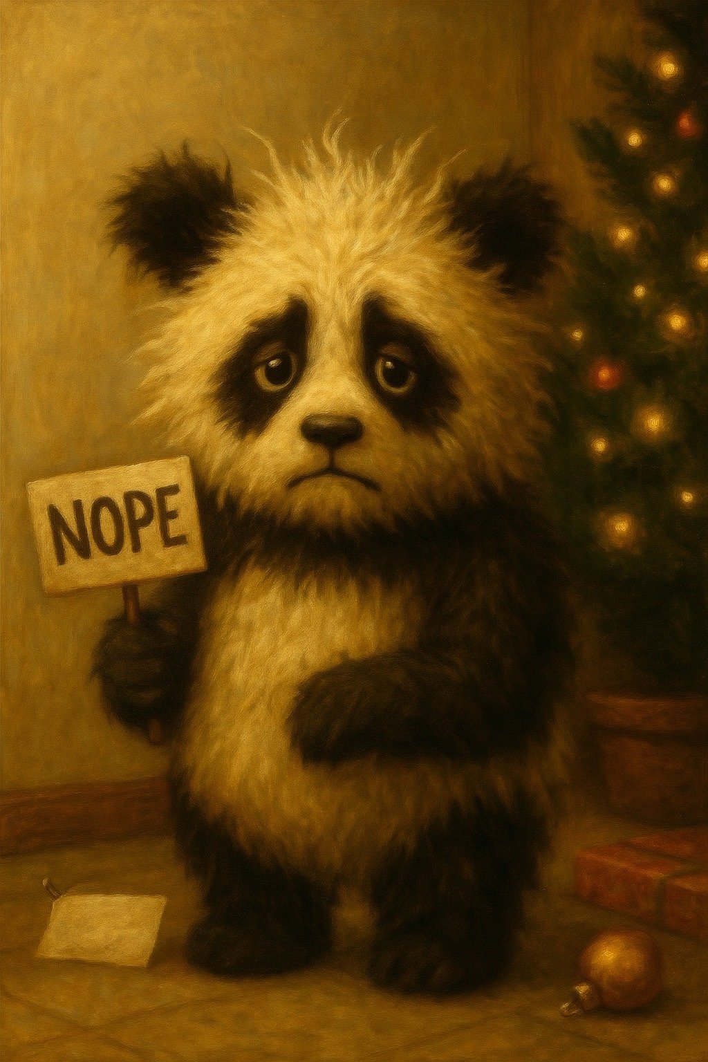 A sad-looking panda holding a sign that says 'NOPE' stands near a decorated Christmas tree. The scene appears to be set indoors with a few Christmas ornaments on the floor.