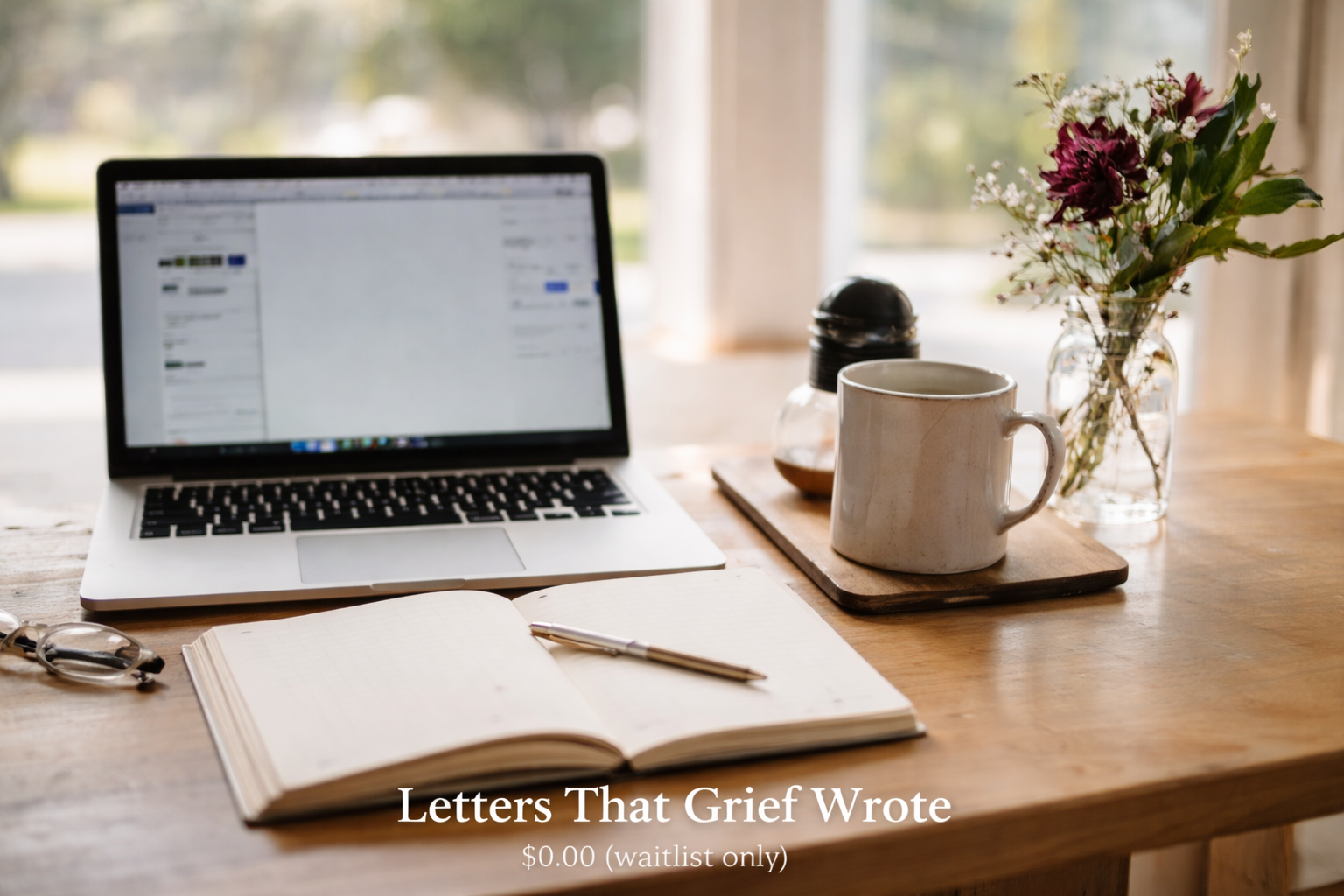 A workspace with an open laptop displaying a social media page, a notebook with a pen on top, a white mug, a jar with pink flowers, a small glass container with a dark lid, all on a wooden table near a window.
