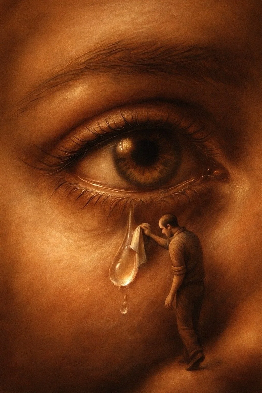 A large close-up of a human eye with a reflection of a man holding a cloth in the tear, which resembles a droplet, and a large tear falling from the eye.