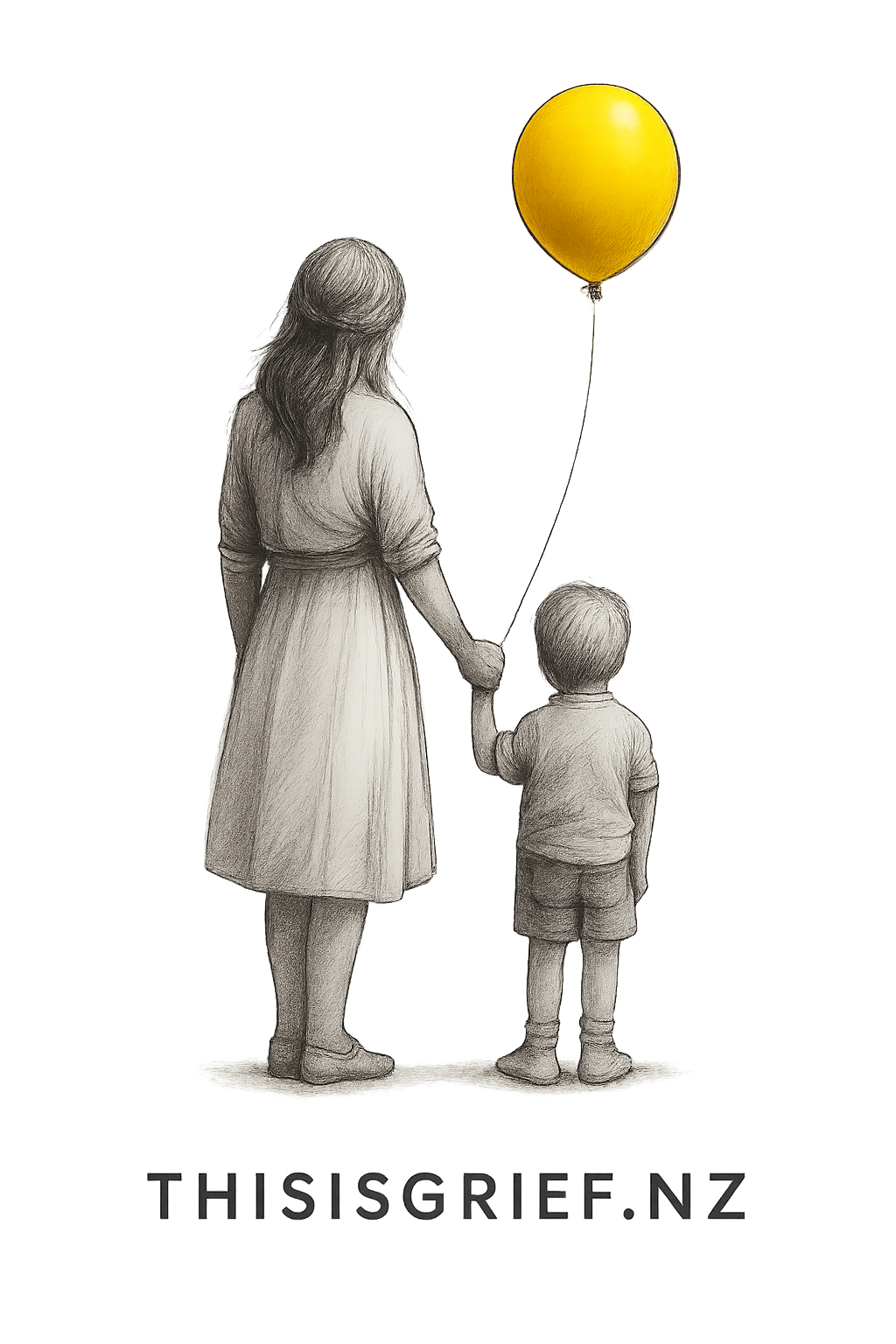Drawing of a woman and a young boy holding hands and looking at a yellow balloon against a dark background with colorful lights.